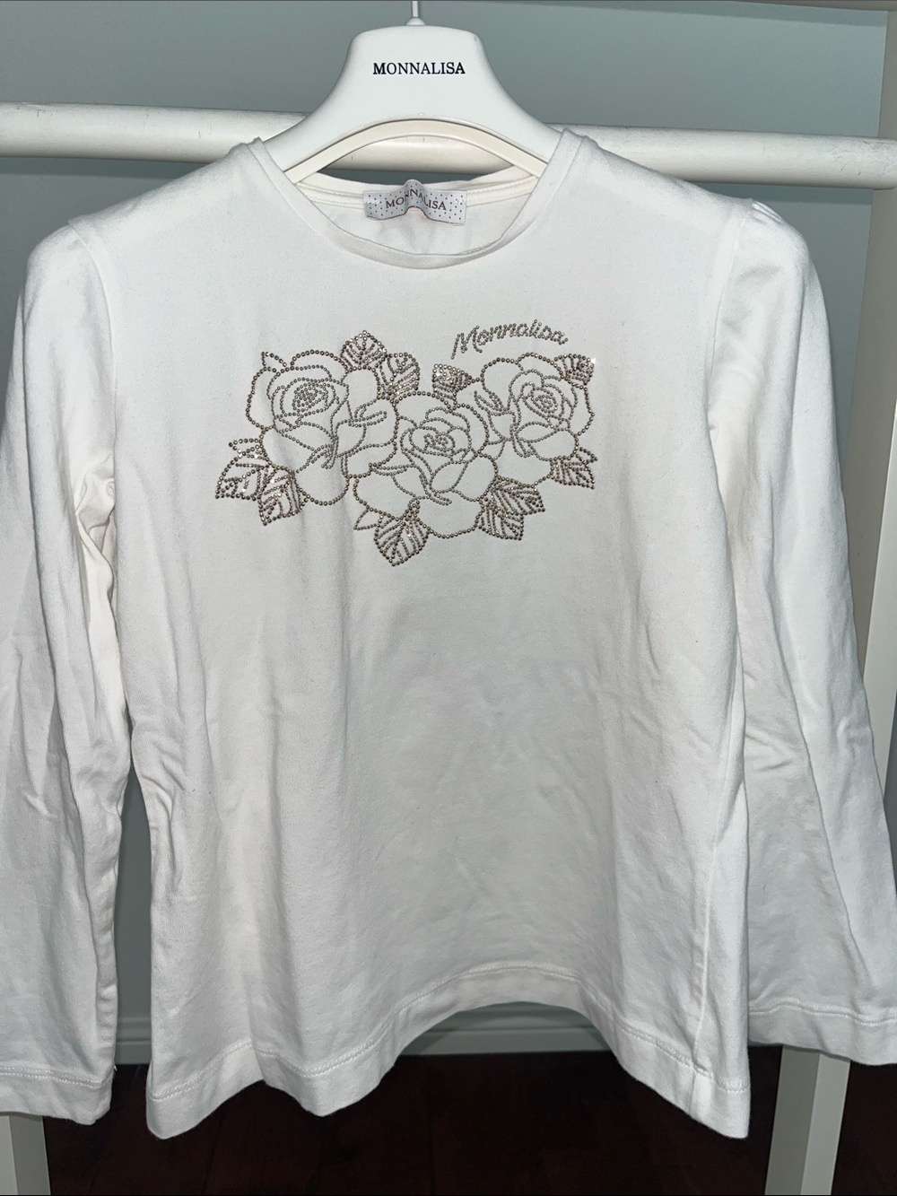 MonnaLisa White Top with Gold Rhinestone Rose Motif